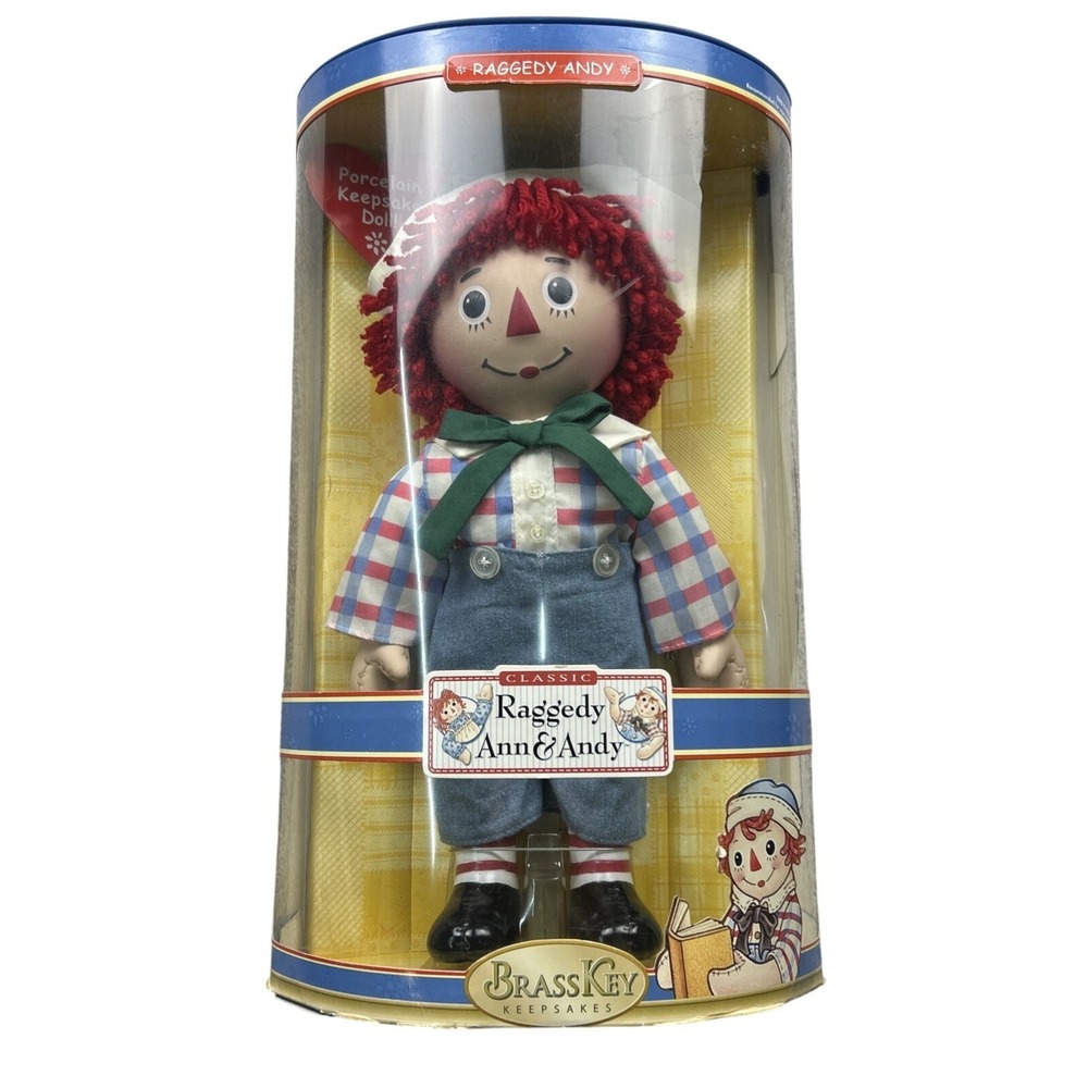 Brass Key Plaid Raggedy Andy Doll 16in Blue Red Porcelain Keepsake Americana Toy